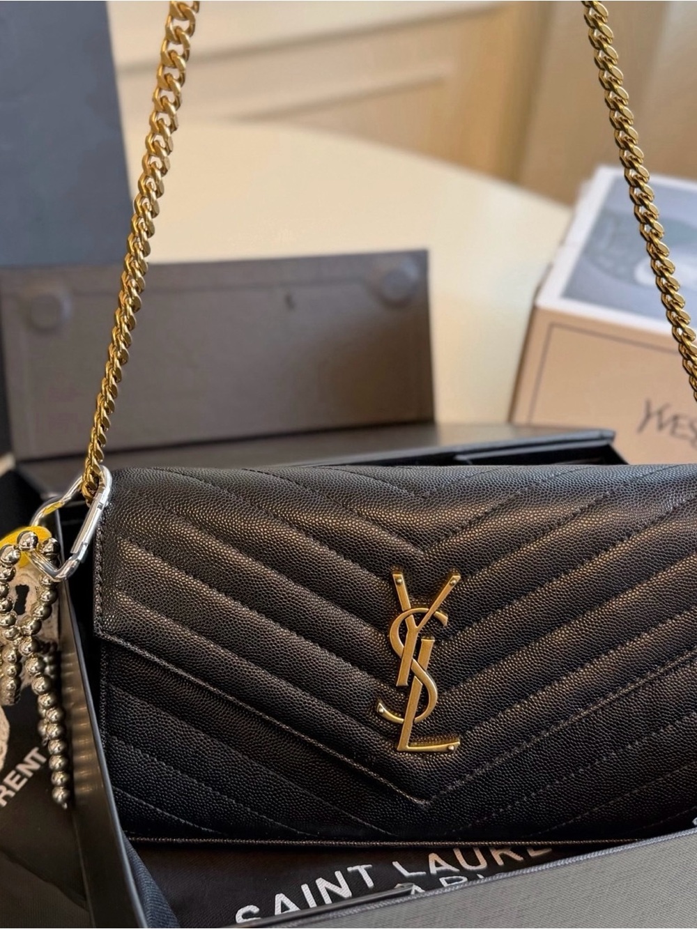Saint Laurent Black Quilted Leather Crossbody with Gold YSL Hardware